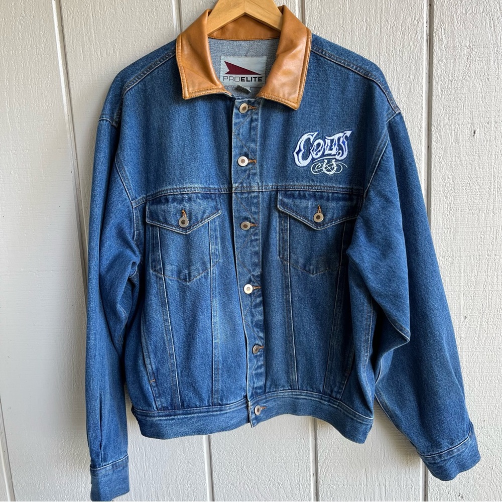 Vintage 90s NFL Indianapolis Colts Jean Jacket Embroidered Leather Pro Elite M